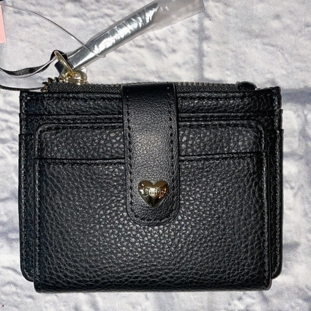 Juicy Couture Small Black Pleather Card Case Holder Zippered Change Purse Wallet